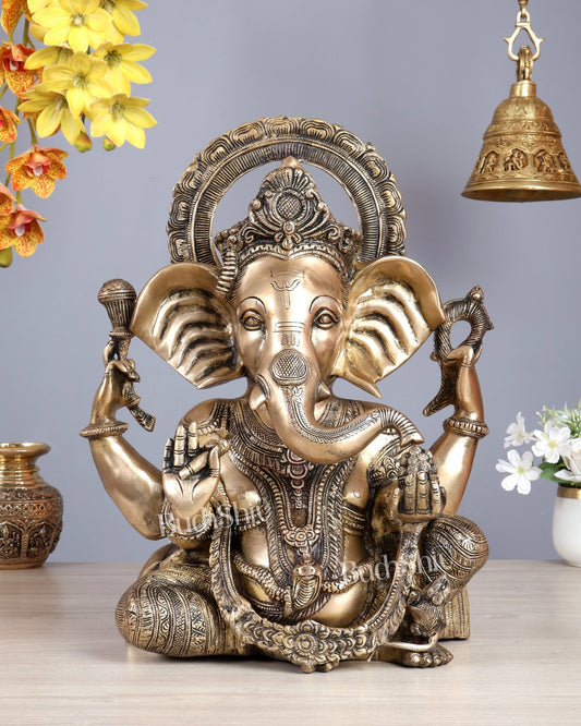 Brass Ganesha Statue in Matte Finish – Unique Handcrafted Sacred Sculpture 16.5 inch - Budhshiv.com
