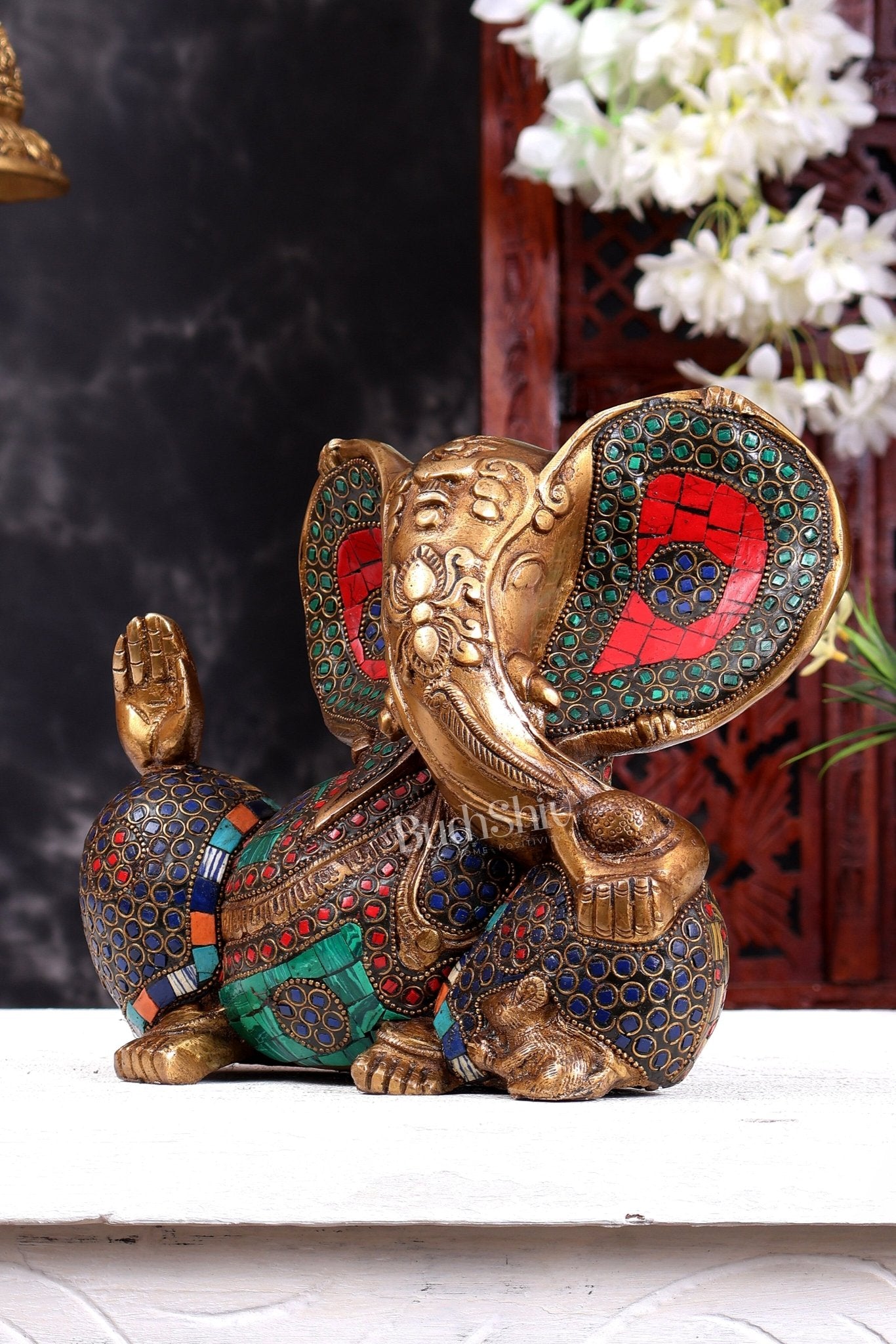 Brass Ganesha Statue - Modern Abstract Design 9" antique gold - Budhshiv.com