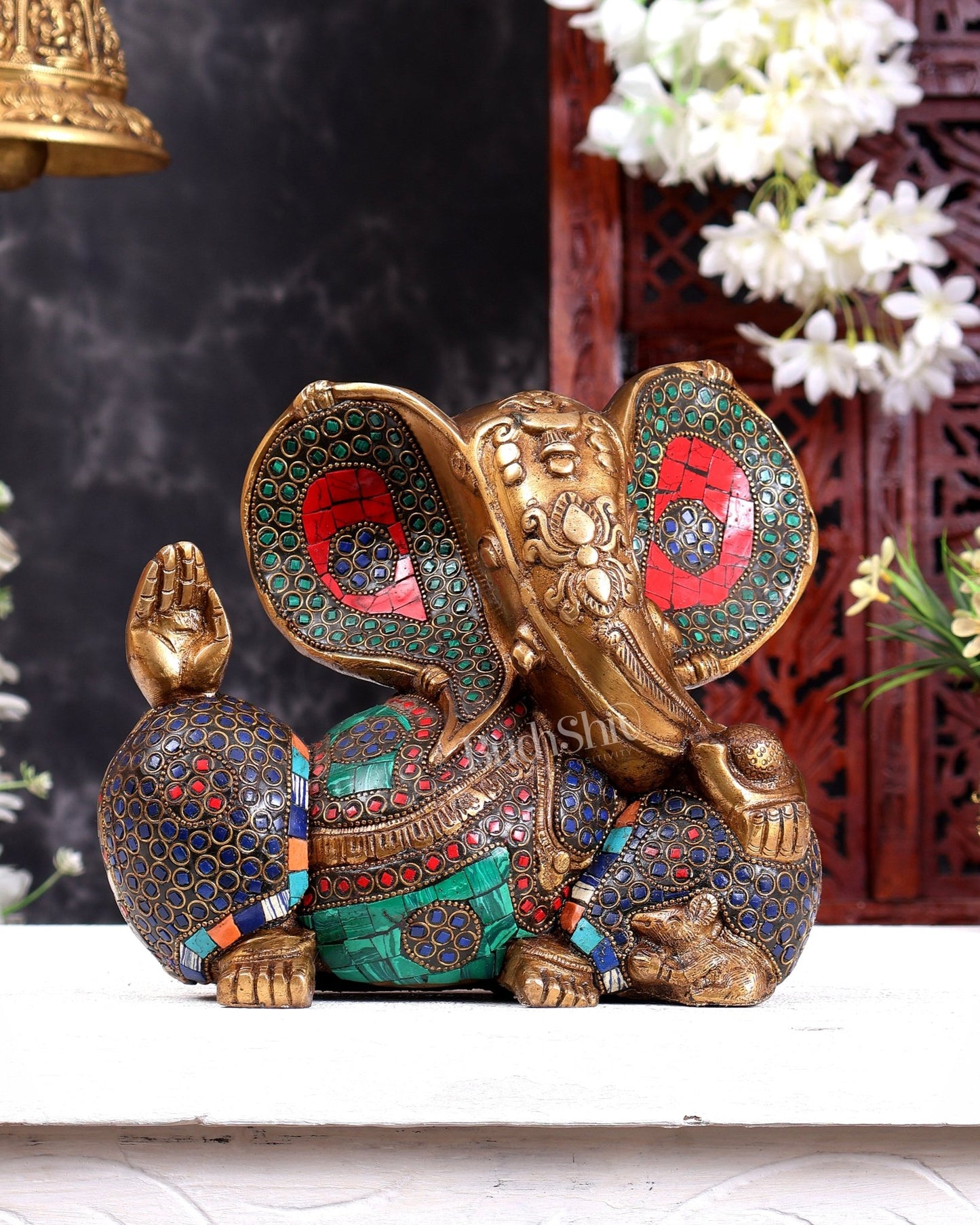 Brass Ganesha Statue - Modern Abstract Design 9" antique gold - Budhshiv.com