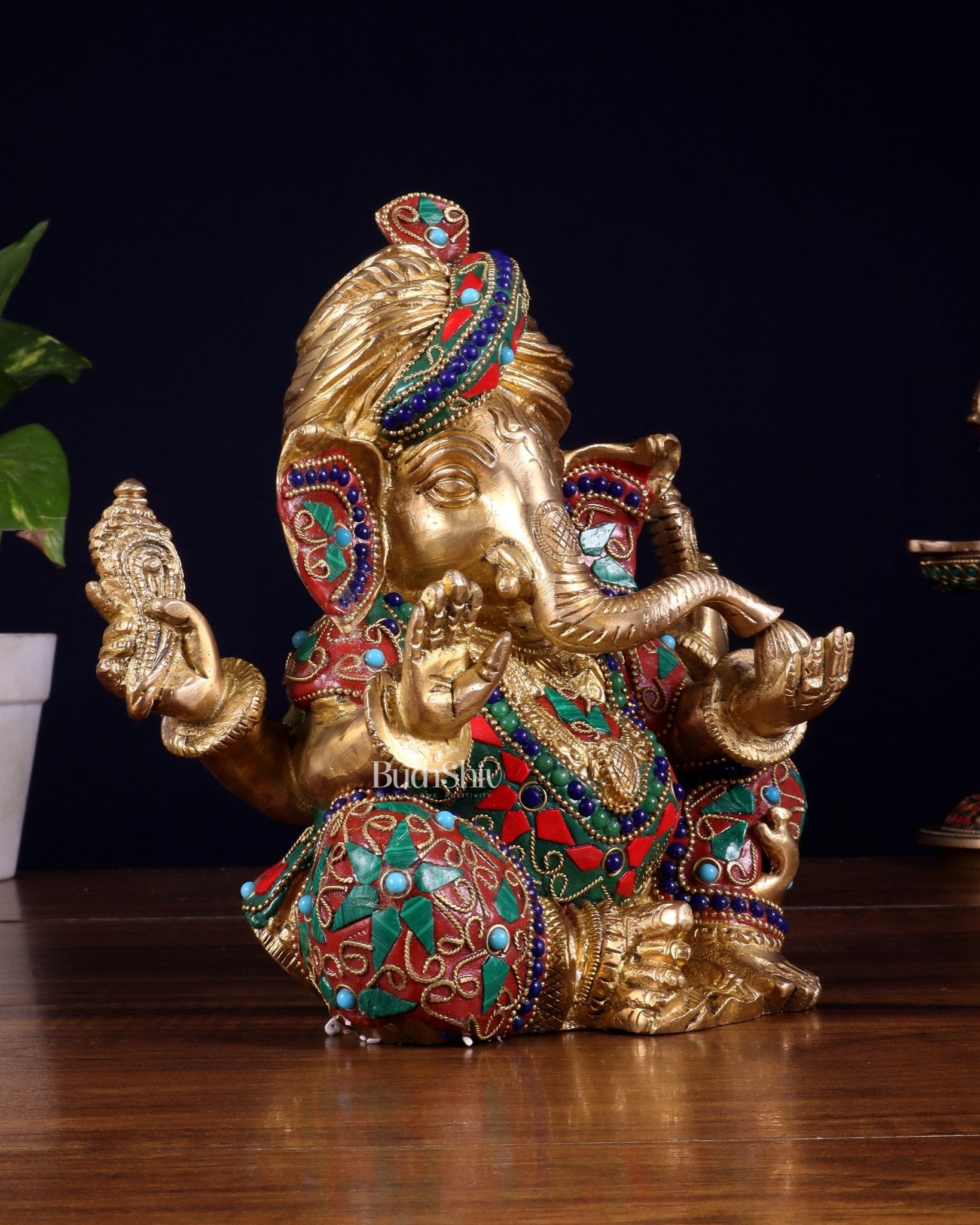 Brass Ganesha statue multicolour 7.5 inch Pagdi ganesh - Budhshiv.com