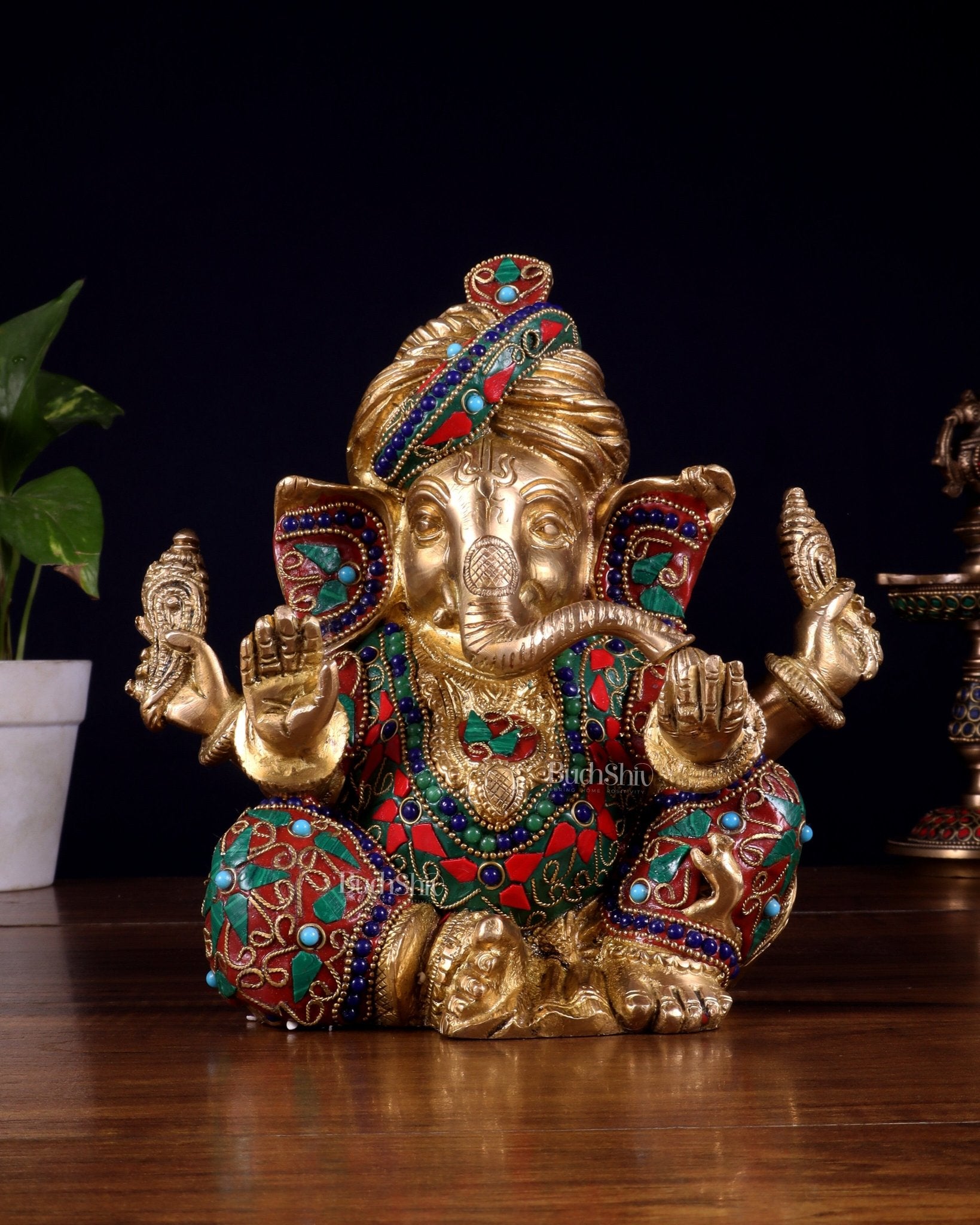Brass Ganesha statue multicolour 7.5 inch Pagdi ganesh - Budhshiv.com