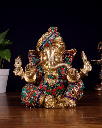 Brass Ganesha statue multicolour 7.5 inch Pagdi ganesh - Budhshiv.com
