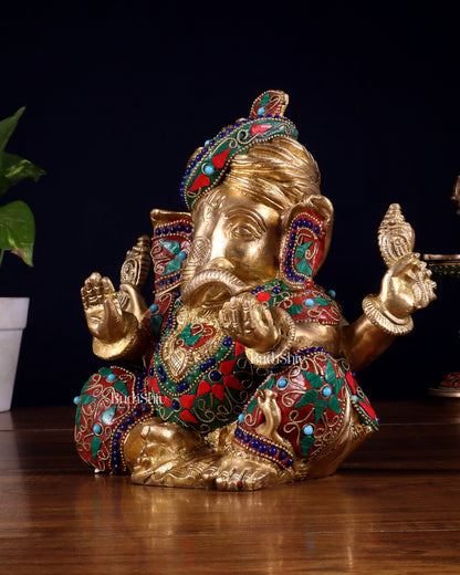 Brass Ganesha statue multicolour 7.5 inch Pagdi ganesh - Budhshiv.com