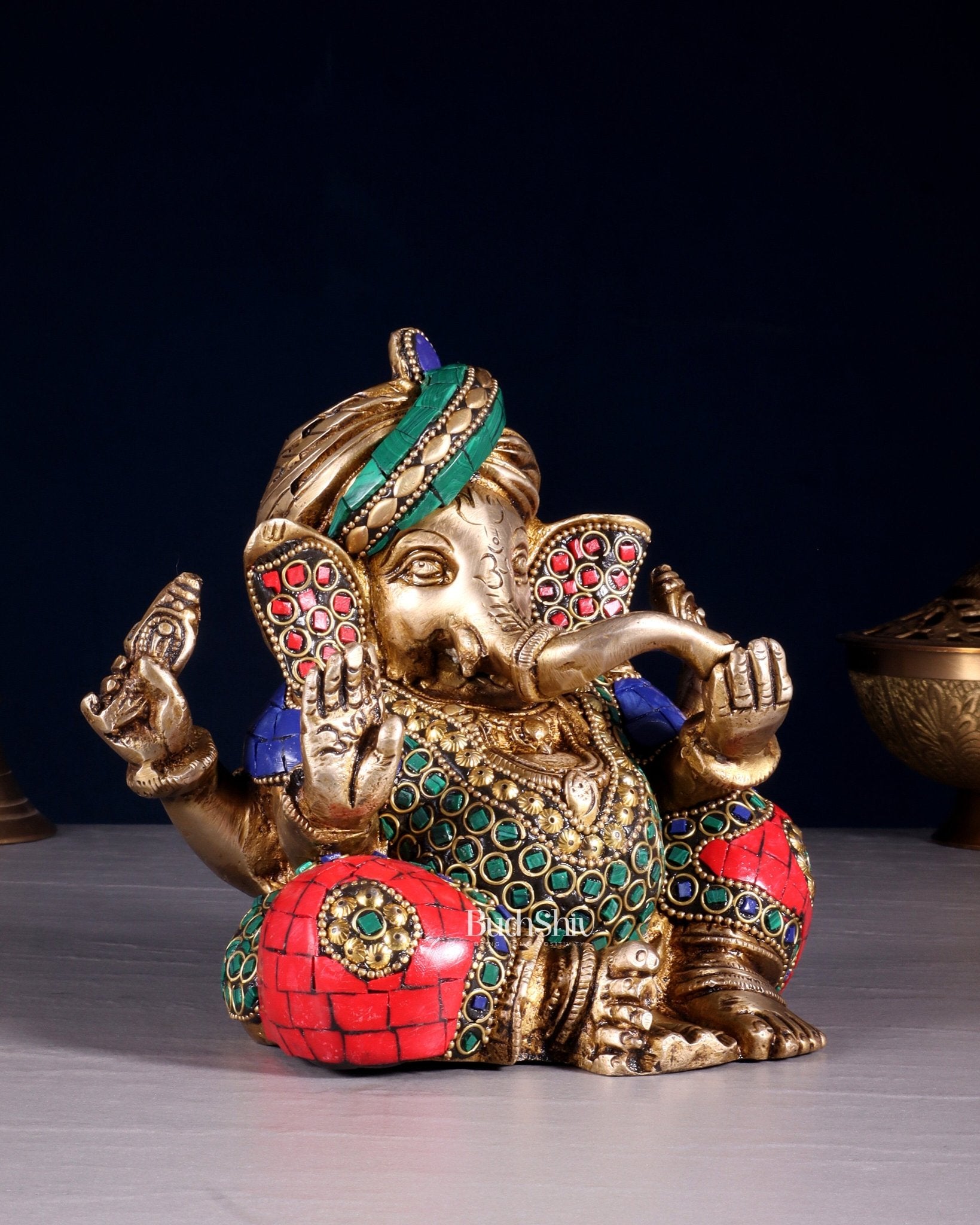 Brass Ganesha statue multicolour 7.5 inch - Budhshiv.com