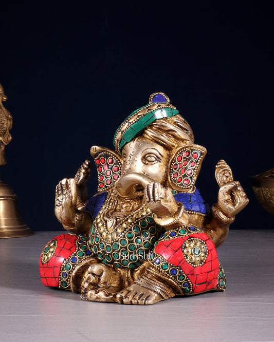 Brass Ganesha statue multicolour 7.5 inch - Budhshiv.com