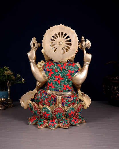 Brass Ganesha Statue on Lotus floral stonework - 12" - Budhshiv.com