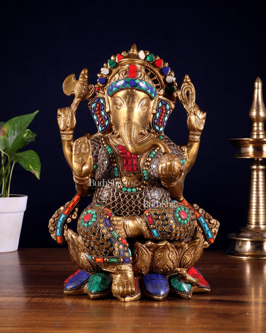 Brass Ganesha Statue on Lotus - Handcrafted - 12" - Budhshiv.com