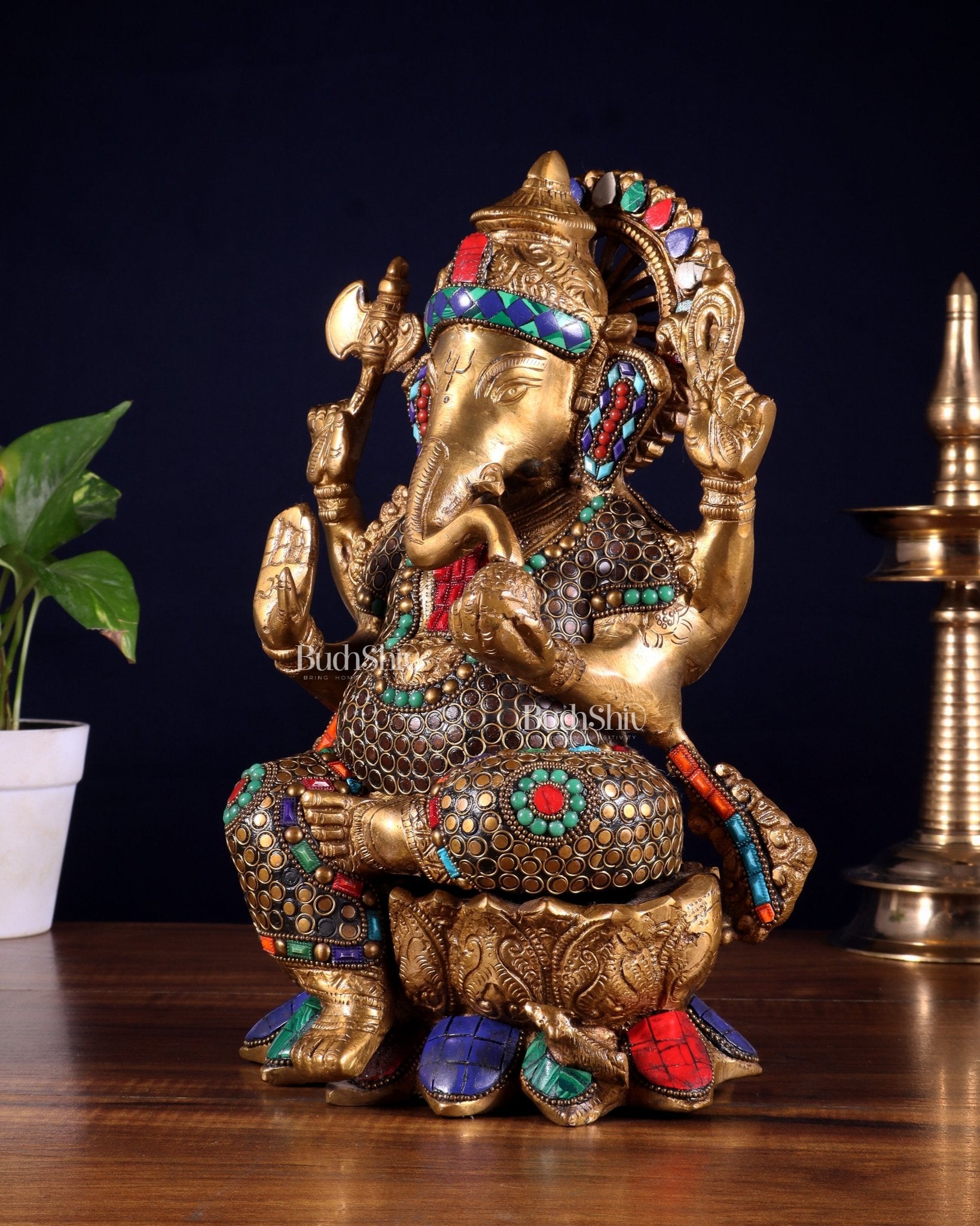 Brass Ganesha Statue on Lotus - Handcrafted - 12" - Budhshiv.com
