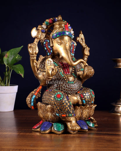 Brass Ganesha Statue on Lotus - Handcrafted - 12" - Budhshiv.com