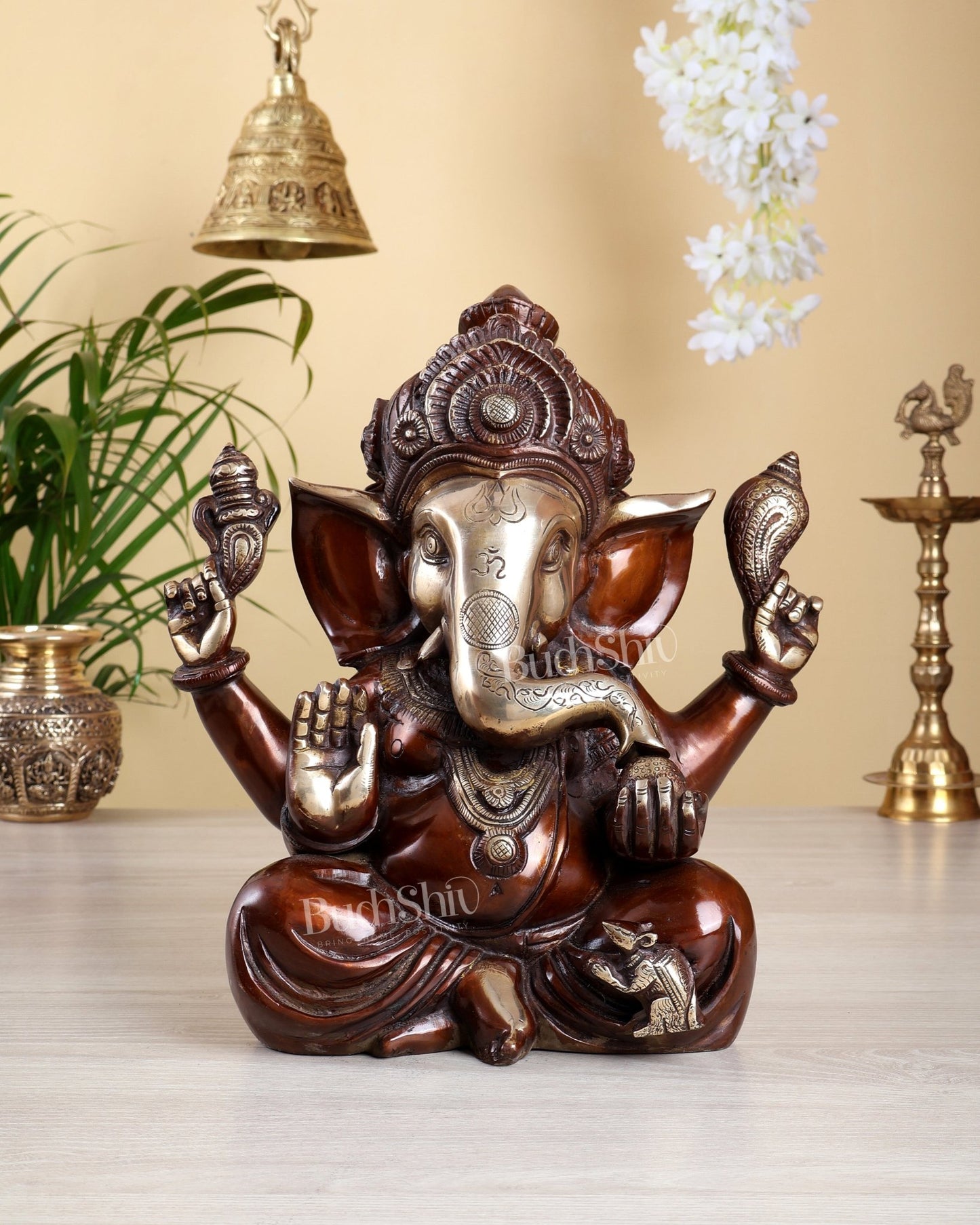 Brass Ganesha Statue – Sharp Features in a glossy dual Finish 13 inch - Budhshiv.com