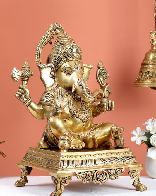 Brass Ganesha Statue Sitting on Decorative Platform – Divine Ganpati Sculpture (15.7 Inches) - Budhshiv.com