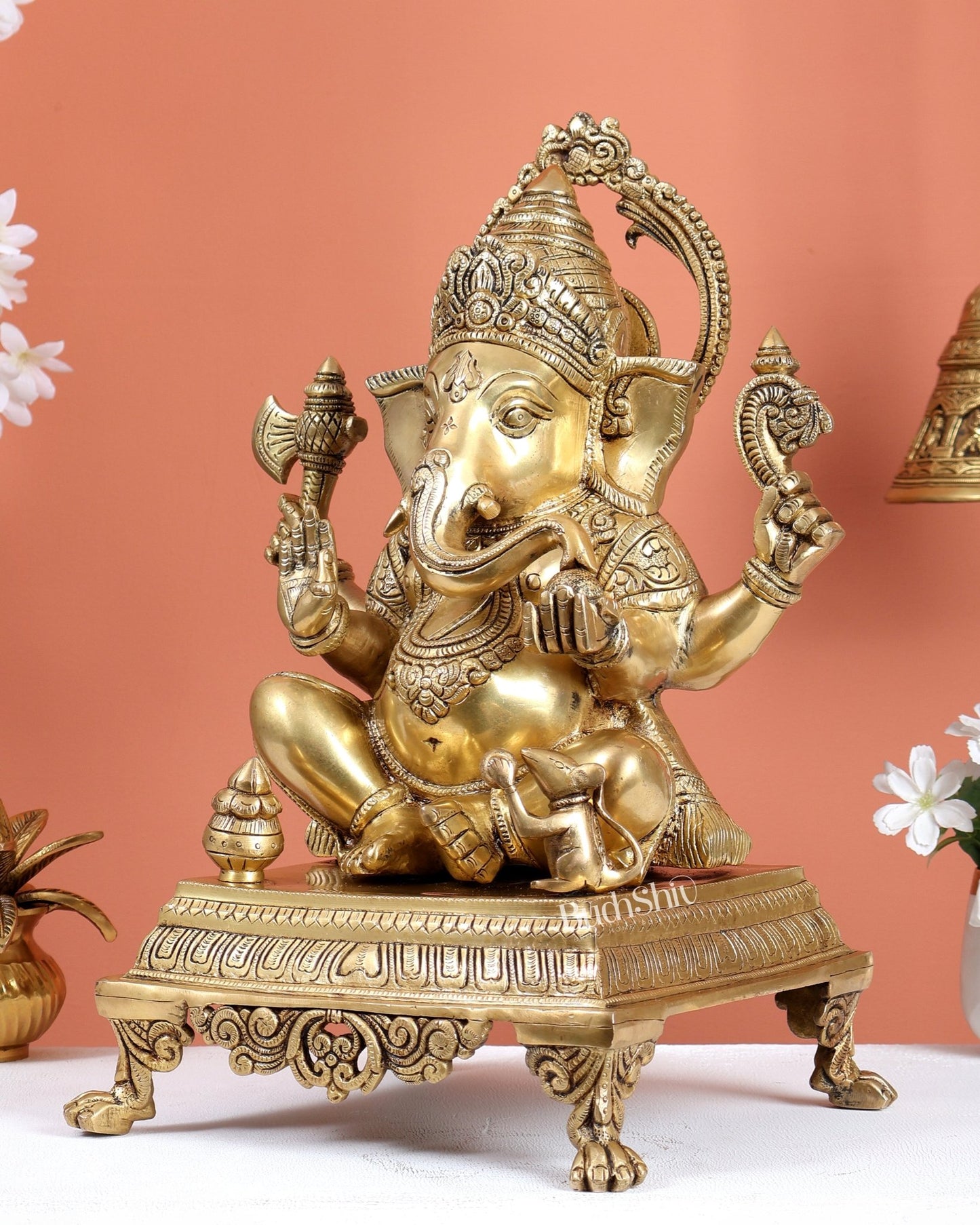 Brass Ganesha Statue Sitting on Decorative Platform – Divine Ganpati Sculpture (15.7 Inches) - Budhshiv.com