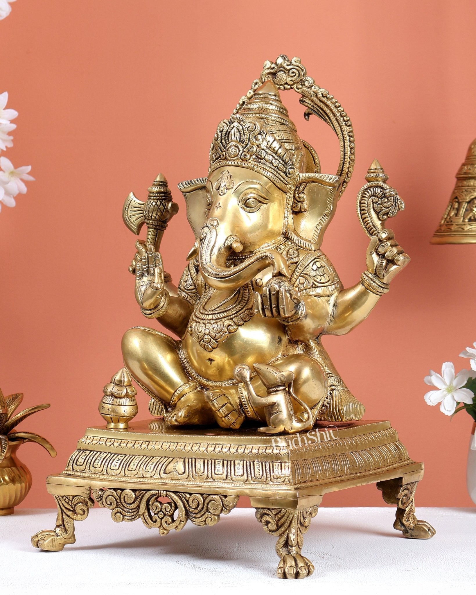 Brass Ganesha Statue Sitting on Decorative Platform – Divine Ganpati Sculpture (15.7 Inches) - Budhshiv.com