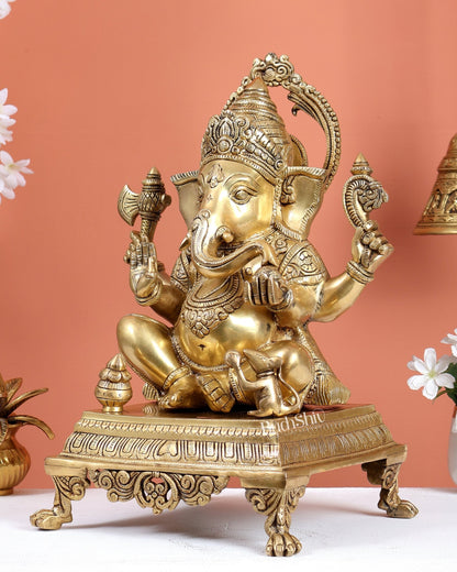 Brass Ganesha Statue Sitting on Decorative Platform – Divine Ganpati Sculpture (15.7 Inches) - Budhshiv.com