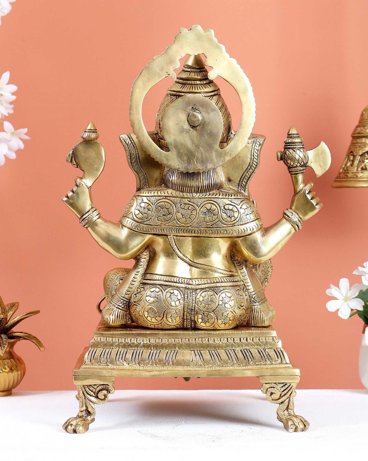 Brass Ganesha Statue Sitting on Decorative Platform – Divine Ganpati Sculpture (15.7 Inches) - Budhshiv.com