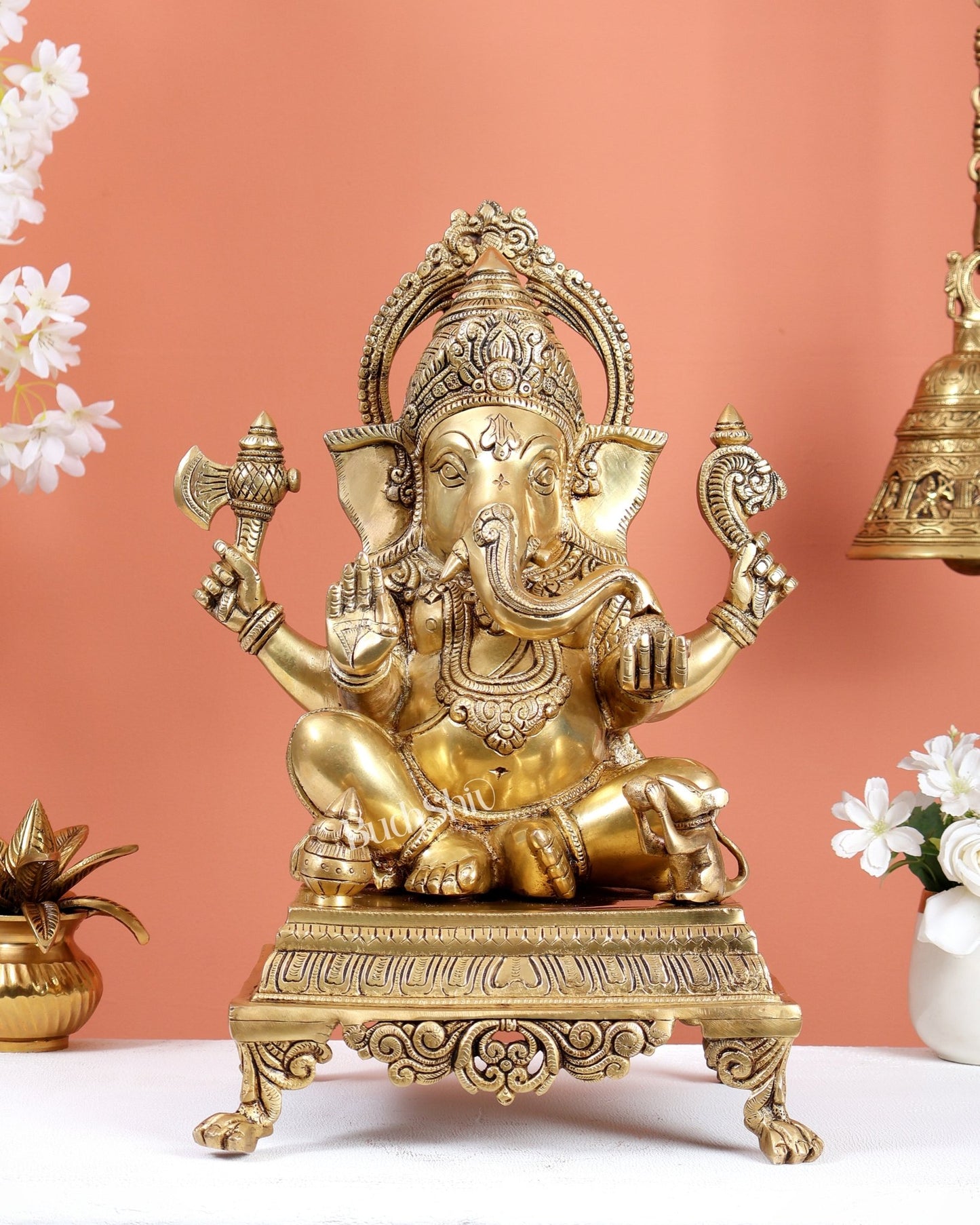 Brass Ganesha Statue Sitting on Decorative Platform – Divine Ganpati Sculpture (15.7 Inches) - Budhshiv.com