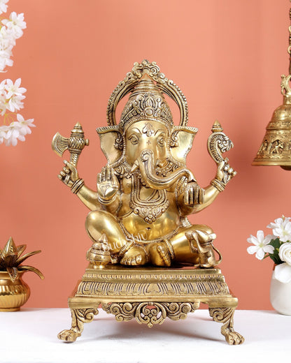 Brass Ganesha Statue Sitting on Decorative Platform – Divine Ganpati Sculpture (15.7 Inches) - Budhshiv.com