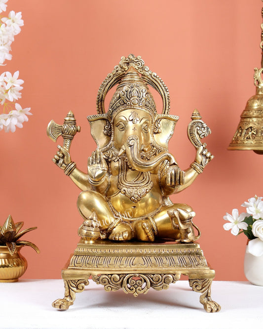 Brass Ganesha Statue Sitting on Decorative Platform – Divine Ganpati Sculpture (15.7 Inches) - Budhshiv.com