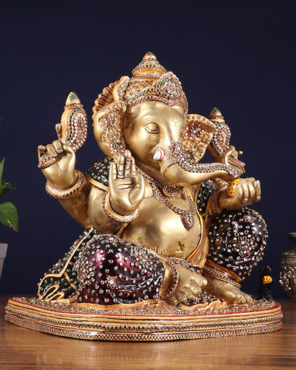 Brass Ganesha statue unique work - 15 inch laakh meenakari - Budhshiv.com