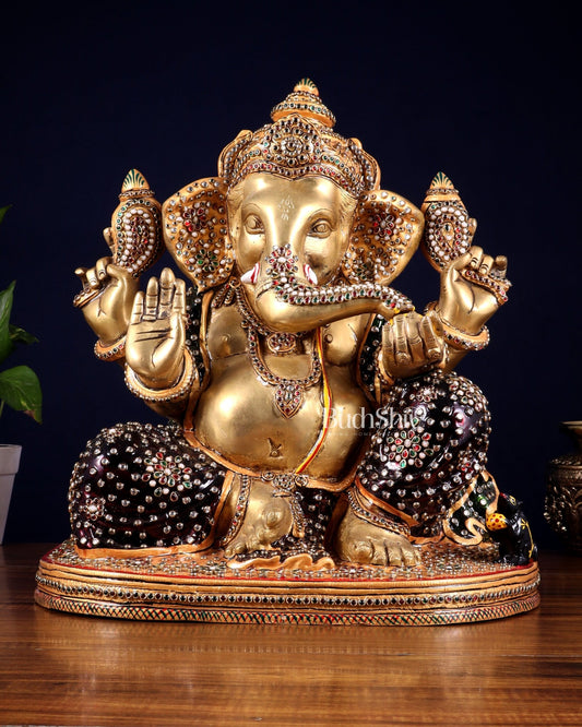 Brass Ganesha statue unique work - 15 inch laakh meenakari - Budhshiv.com