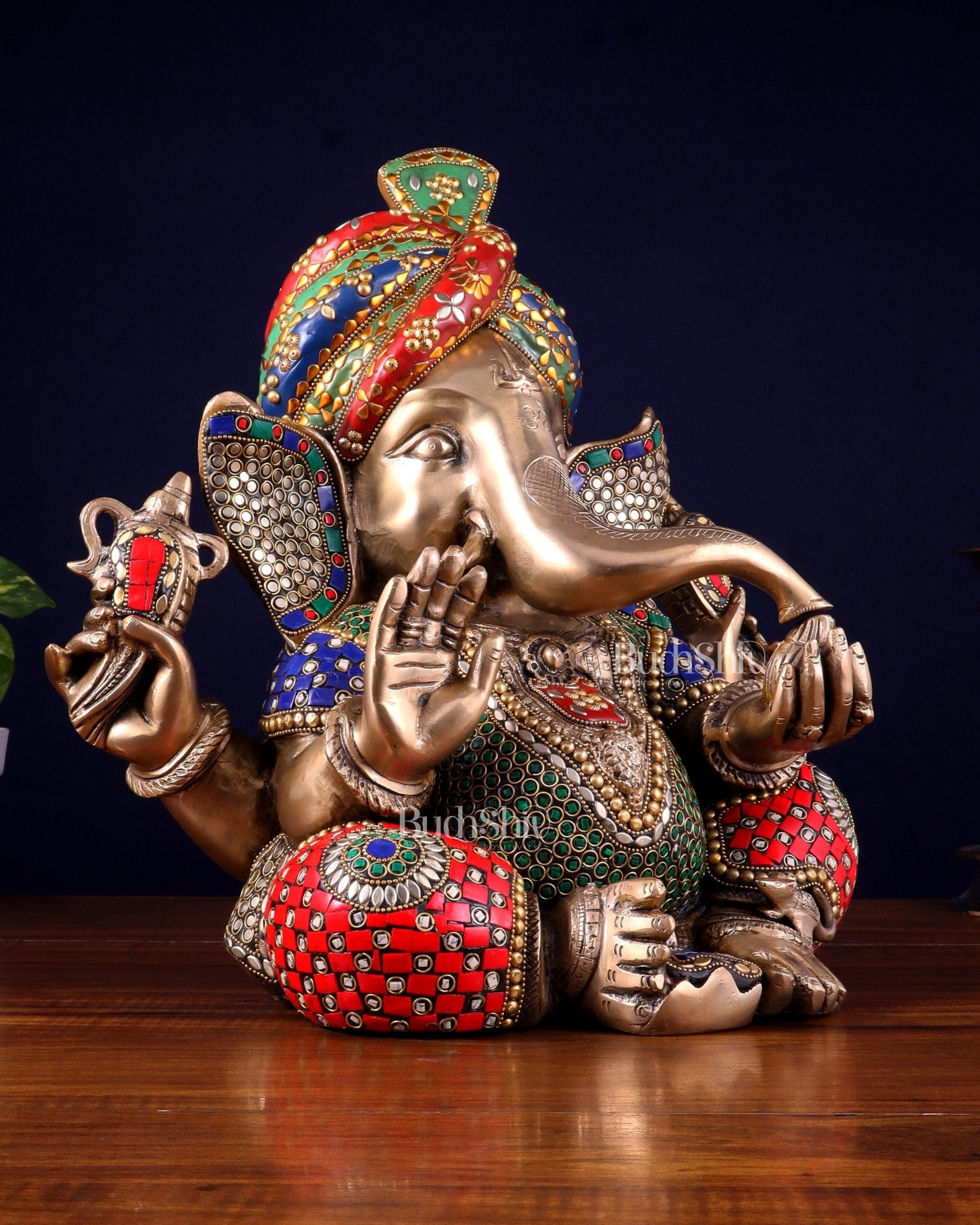 Brass Ganesha statue wearing a turban idol 14" meenakari Stonework - Budhshiv.com
