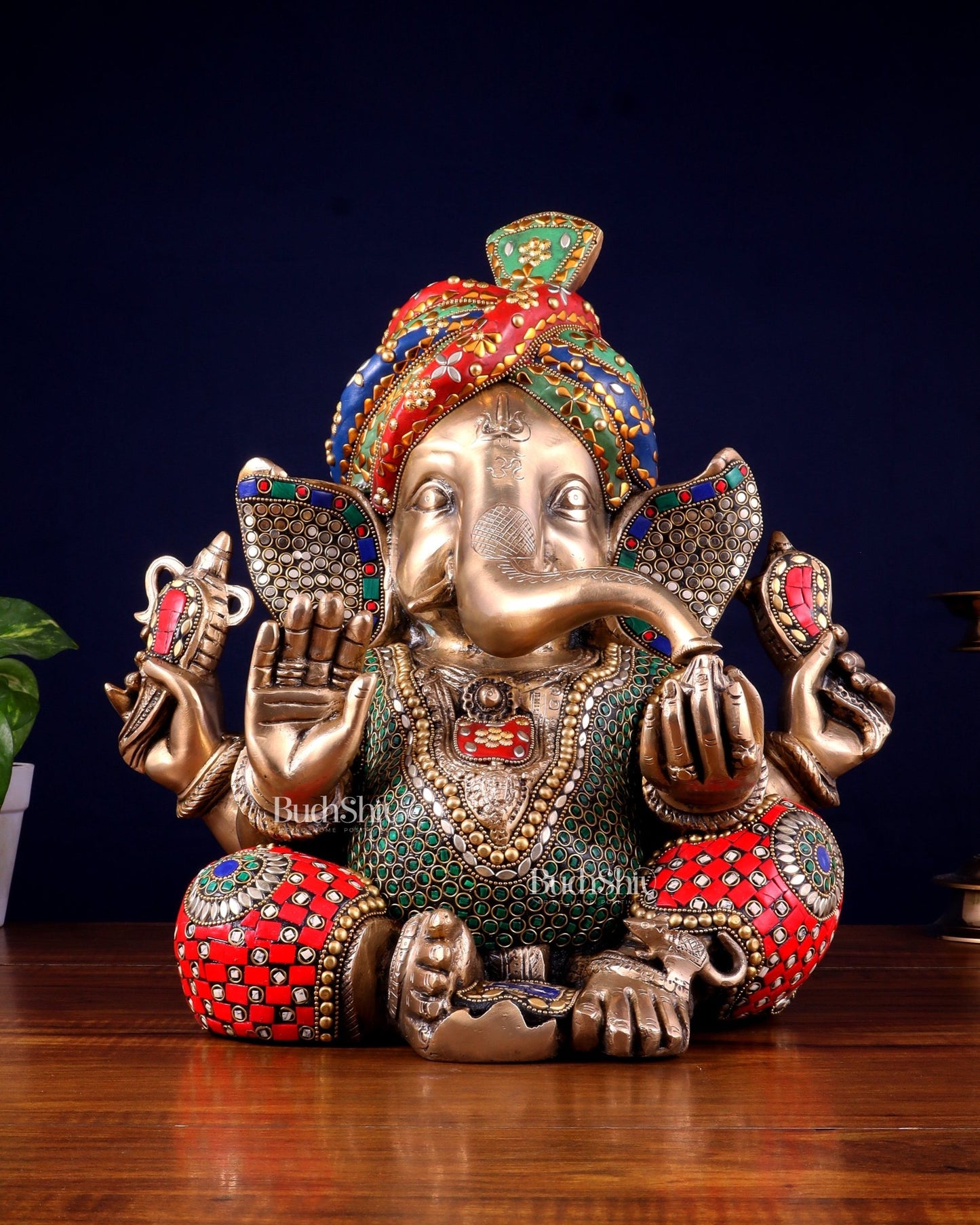 Brass Ganesha statue wearing a turban idol 14" meenakari Stonework - Budhshiv.com