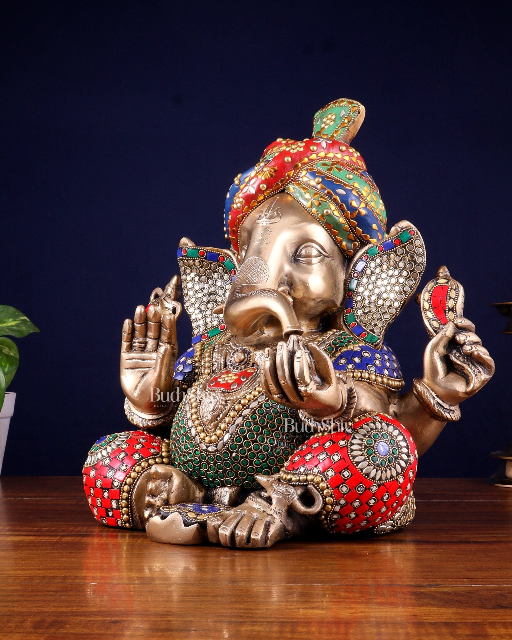 Brass Ganesha statue wearing a turban idol 14" meenakari Stonework - Budhshiv.com