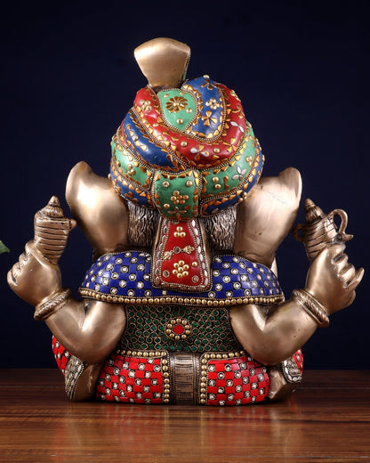 Brass Ganesha statue wearing a turban idol 14" meenakari Stonework - Budhshiv.com