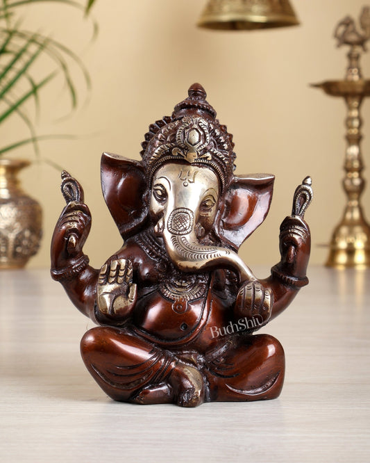 Brass Ganesha Statue with a glossy dual tone 6" - Budhshiv.com