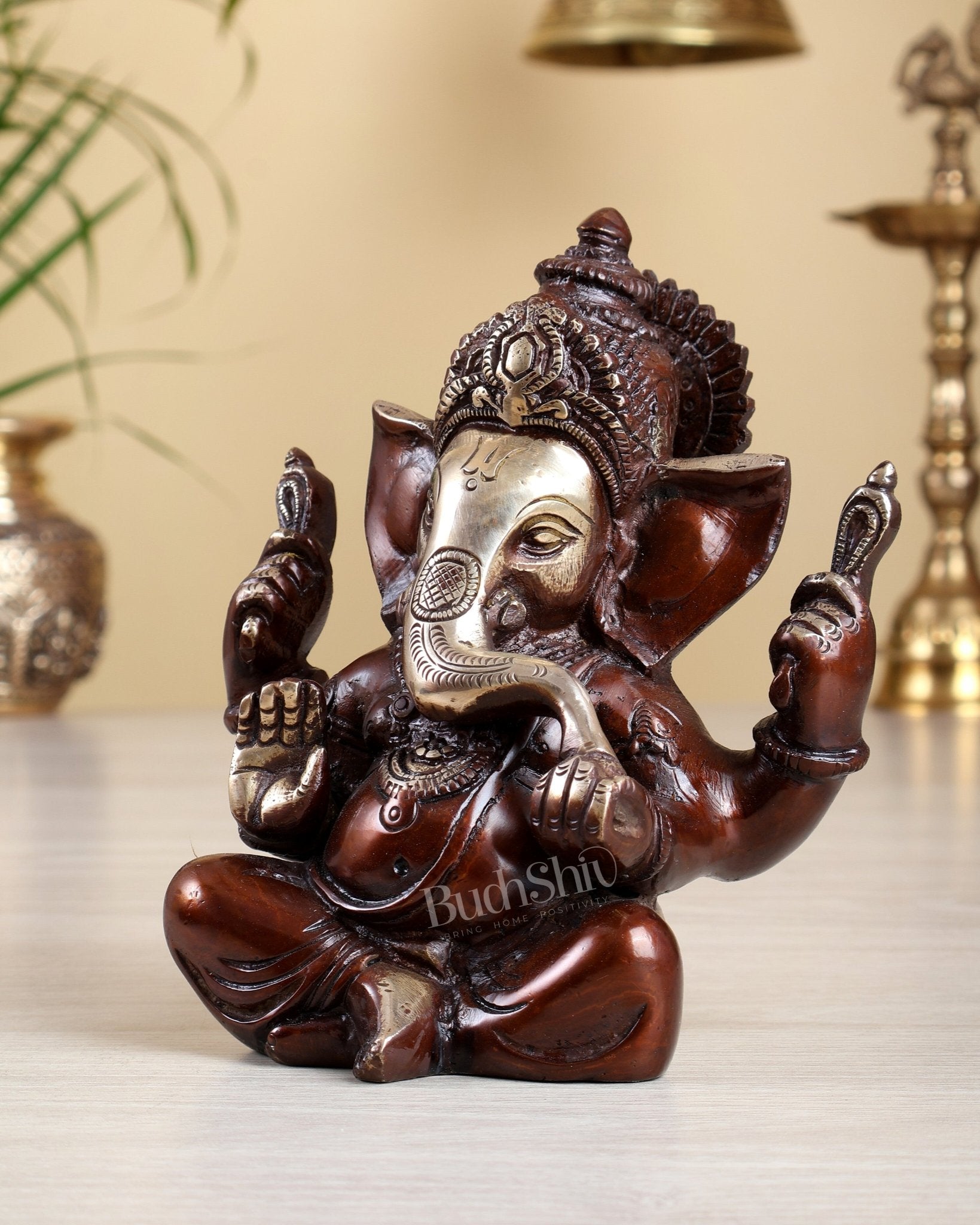 Brass Ganesha Statue with a glossy dual tone 6" - Budhshiv.com