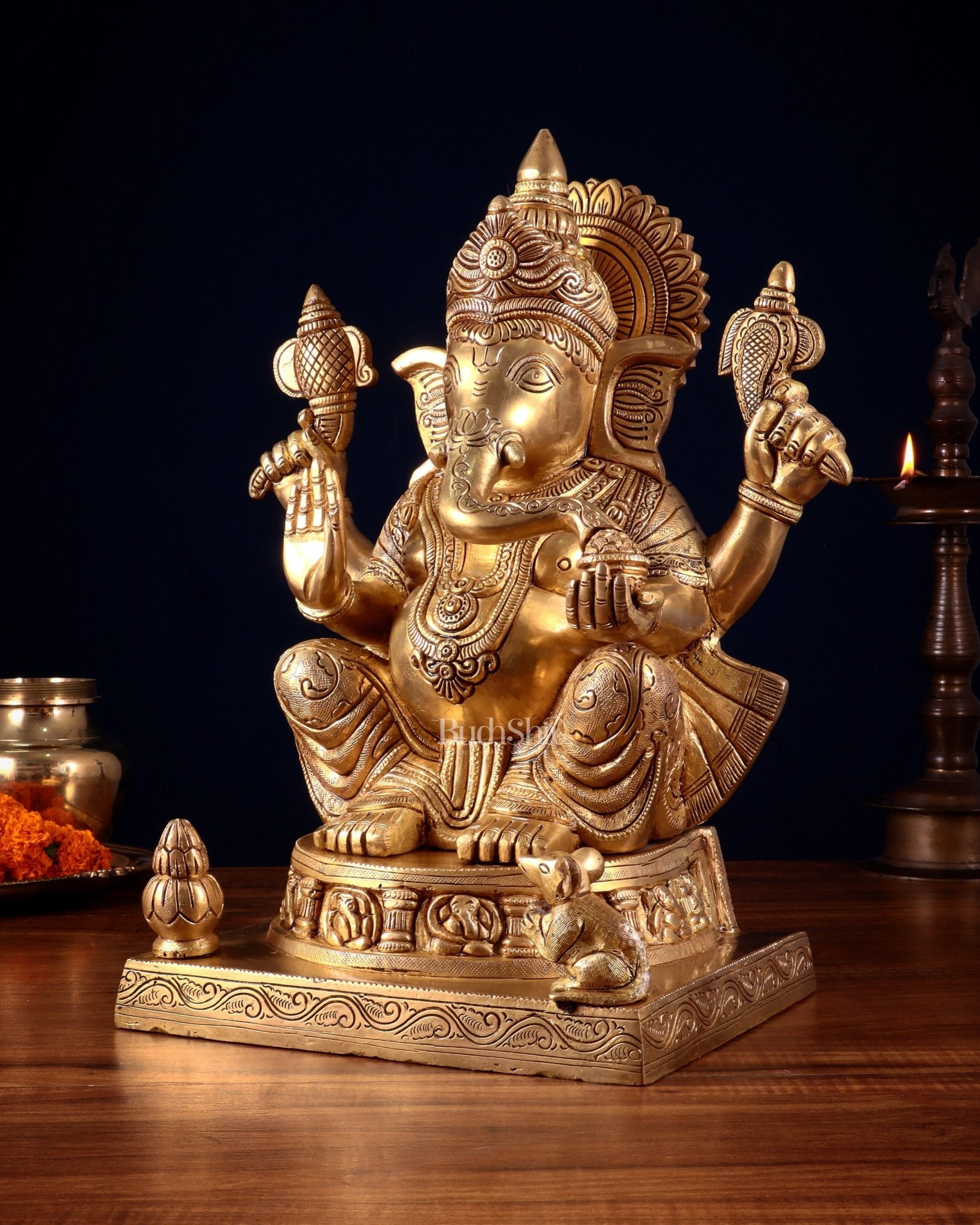 Brass Ganesha Statue with Ashtavinayak Carvings – 15 Inch antique tone - Budhshiv.com