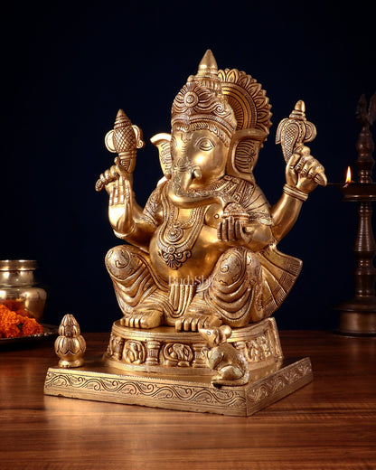 Brass Ganesha Statue with Ashtavinayak Carvings – 15 Inch antique tone - Budhshiv.com