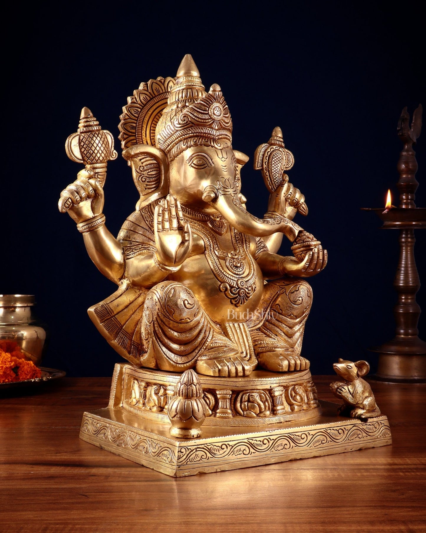 Brass Ganesha Statue with Ashtavinayak Carvings – 15 Inch antique tone - Budhshiv.com