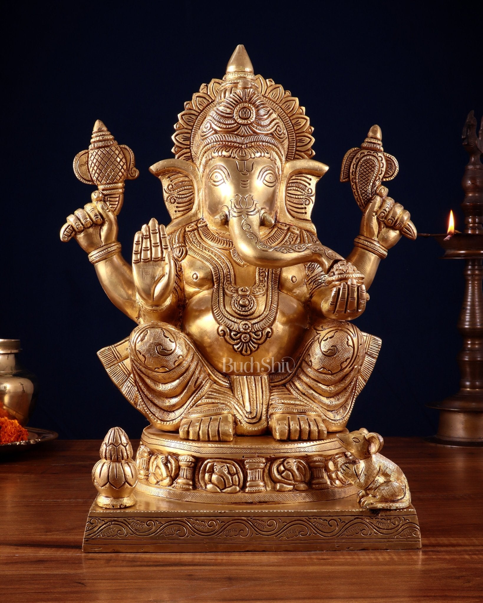 Brass Ganesha Statue with Ashtavinayak Carvings – 15 Inch antique tone - Budhshiv.com