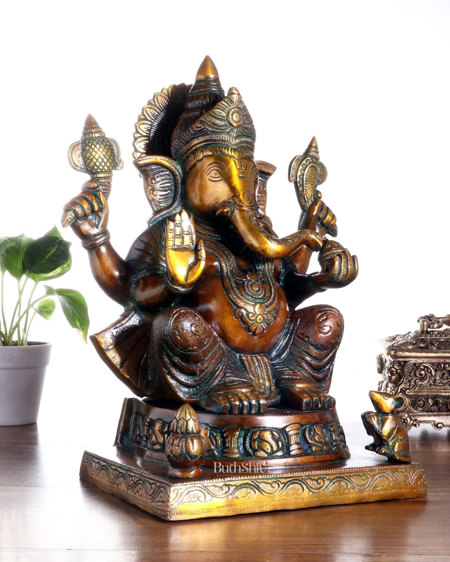 Brass Ganesha Statue with Ashtavinayak Carvings – 15 Inch chola tone - Budhshiv.com