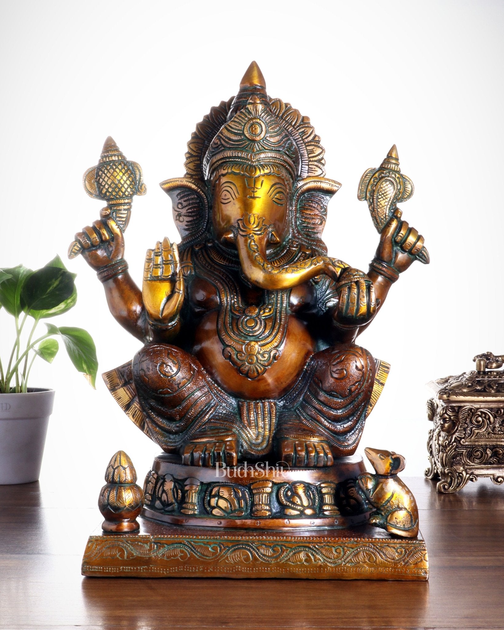 Brass Ganesha Statue with Ashtavinayak Carvings – 15 Inch chola tone - Budhshiv.com