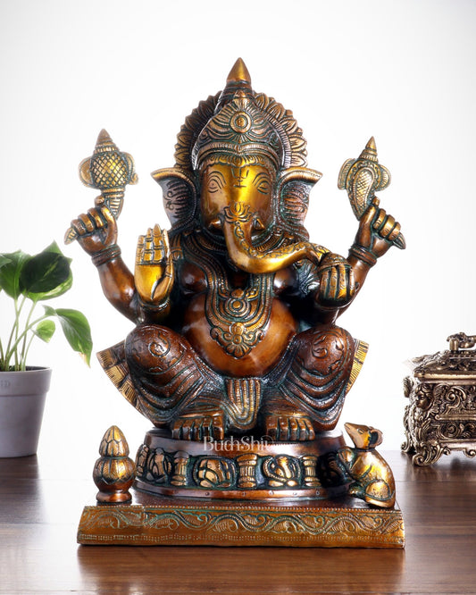 Brass Ganesha Statue with Ashtavinayak Carvings – 15 Inch chola tone - Budhshiv.com