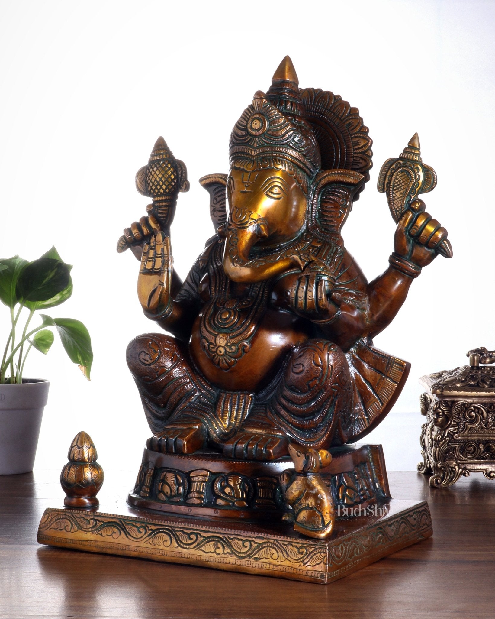 Brass Ganesha Statue with Ashtavinayak Carvings – 15 Inch chola tone - Budhshiv.com