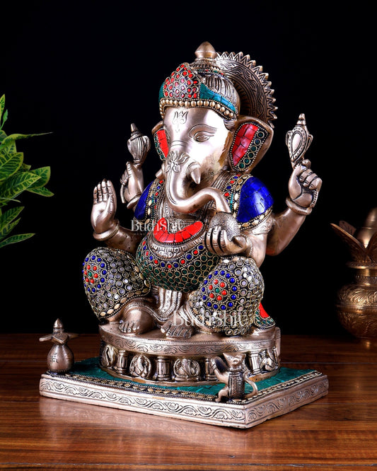 Brass Ganesha Statue with Ashtavinayak Engraving - 13 inch stonework - Budhshiv.com