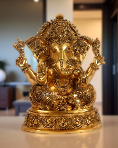 Brass Ganesha Statue with Ashtavinayaka carvings 11 inch - Budhshiv.com