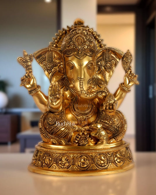 Brass Ganesha Statue with Ashtavinayaka carvings 11 inch - Budhshiv.com