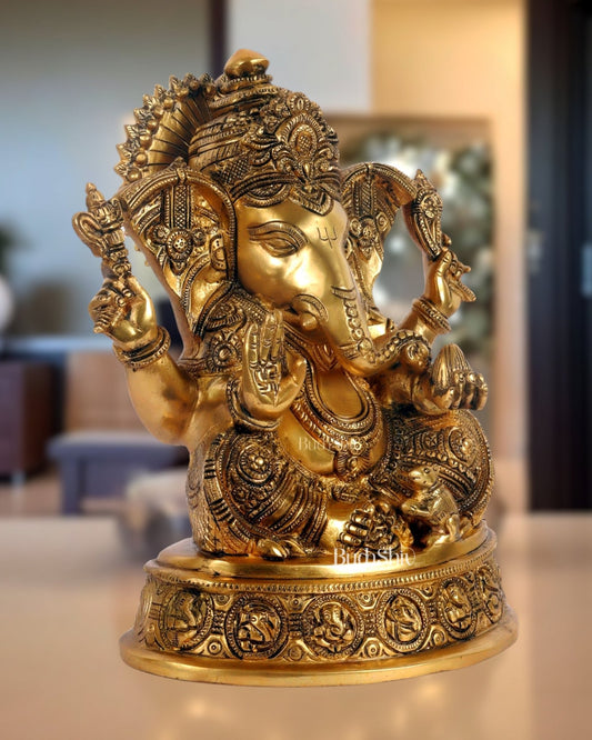 Brass Ganesha Statue with Ashtavinayaka carvings 11 inch - Budhshiv.com
