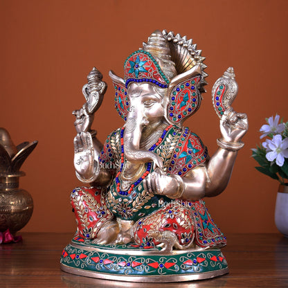Brass Ganesha Statue with Beautiful Meenakari Work - Budhshiv.com