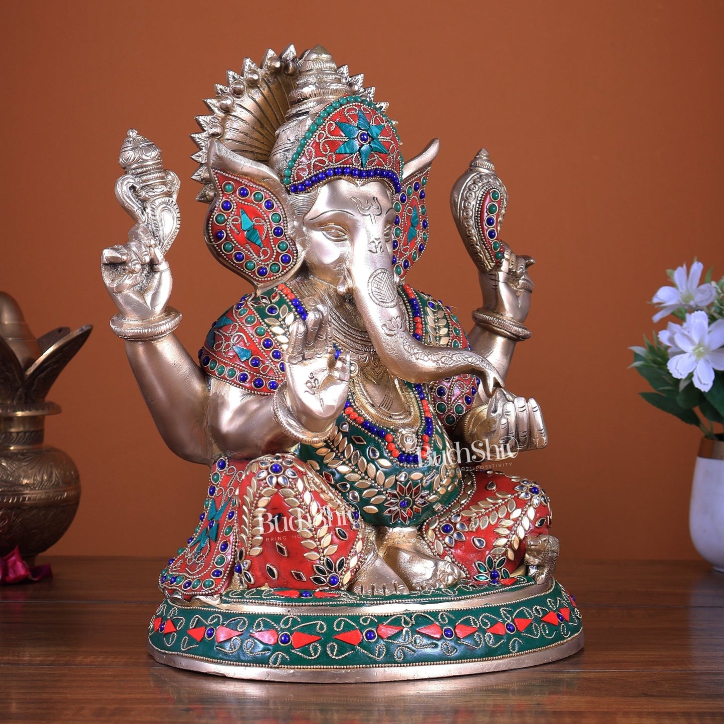 Brass Ganesha Statue with Beautiful Meenakari Work - Budhshiv.com