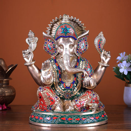 Brass Ganesha Statue with Beautiful Meenakari Work - Budhshiv.com