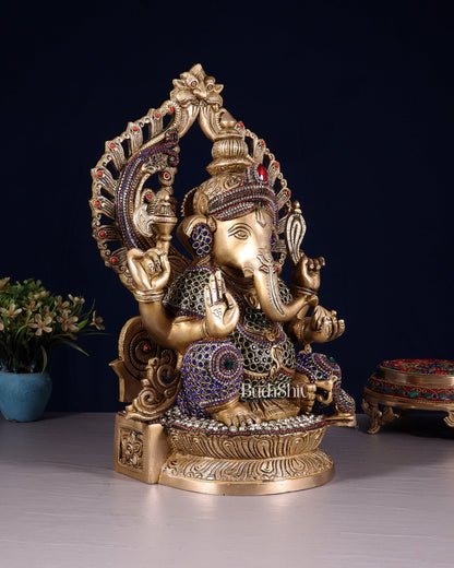 Brass Ganesha Statue with jewellers meenakari and Prabhavali 14" - Budhshiv.com