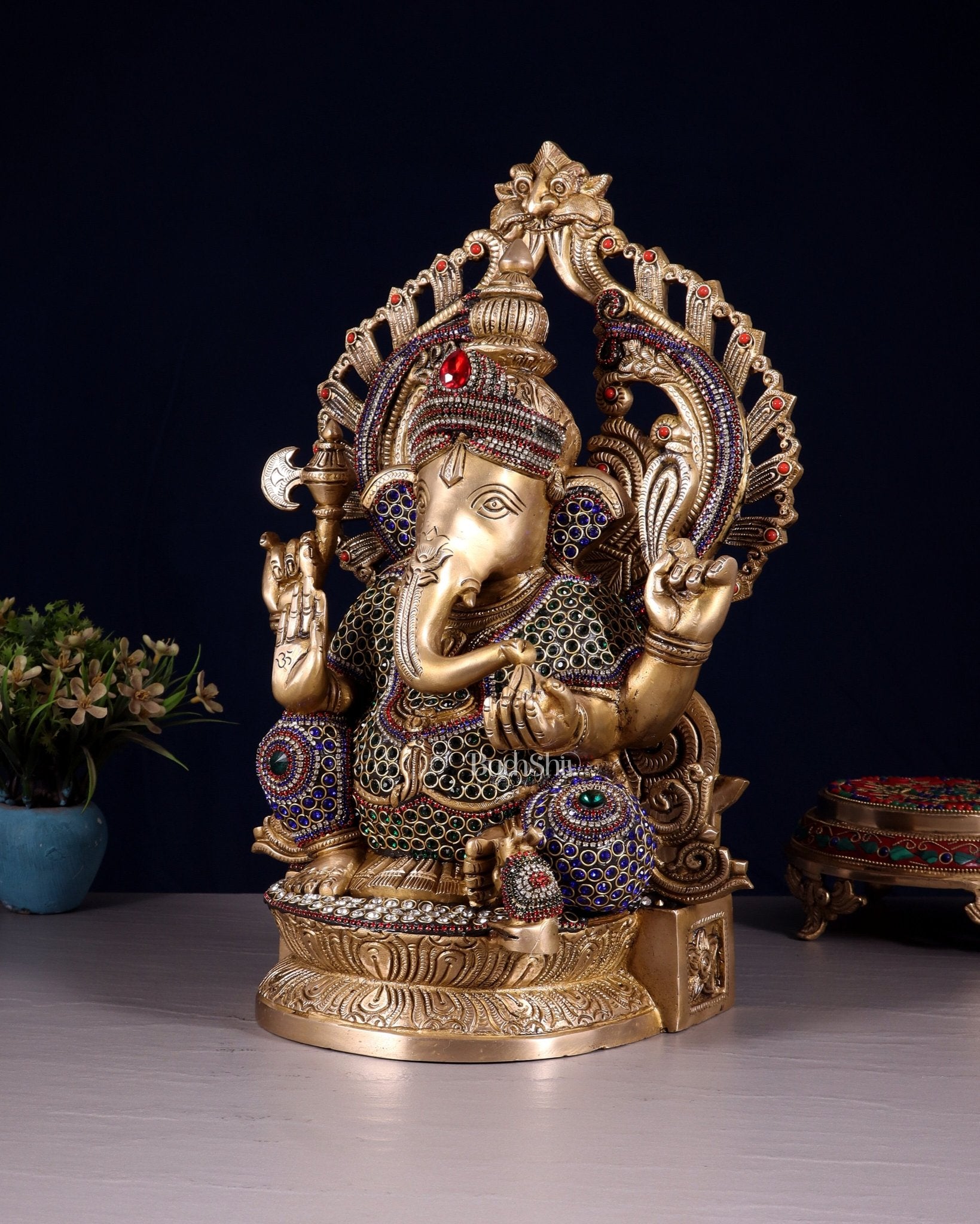 Brass Ganesha Statue with jewellers meenakari and Prabhavali 14" - Budhshiv.com