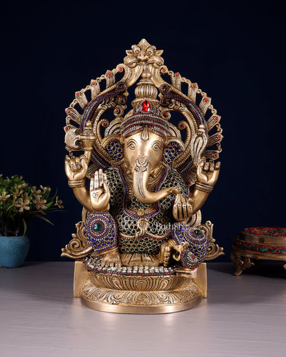 Brass Ganesha Statue with jewellers meenakari and Prabhavali 14" - Budhshiv.com