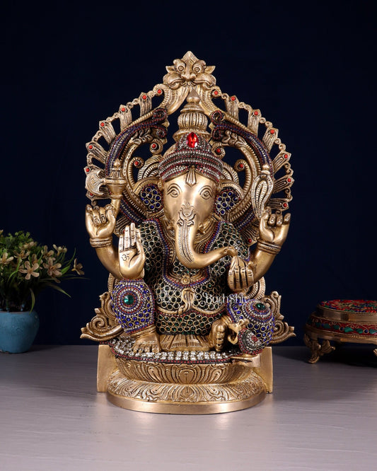Brass Ganesha Statue with jewellers meenakari and Prabhavali 14" - Budhshiv.com
