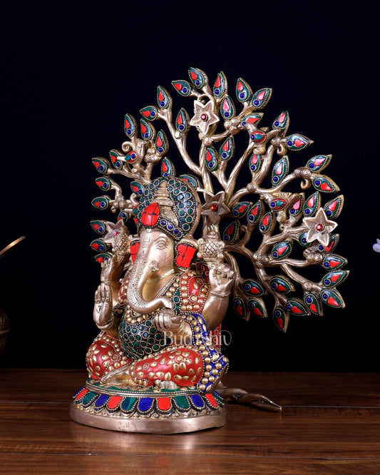 Brass Ganesha Statue with Kalpavriksha Tree Combo 13 inch - Budhshiv.com